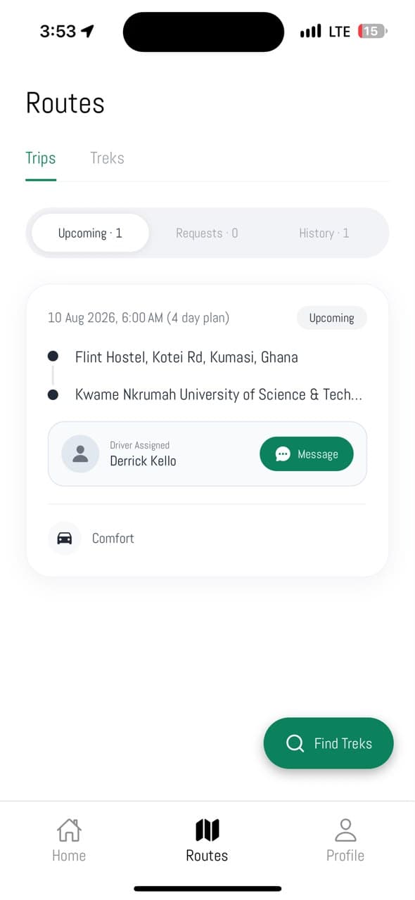 The Routes screen in the UpRide app, showing an upcoming four-day plan leaving at 6:00 AM, the two ends of the journey, the Partner assigned to it, and a button to message them.