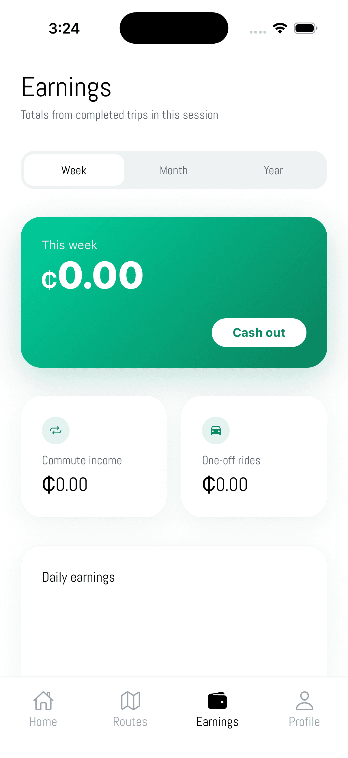 The Earnings screen in the UpRide Partner app, showing this week's total, a cash-out button, and separate figures for commute income and one-off rides. All figures read zero cedis.
