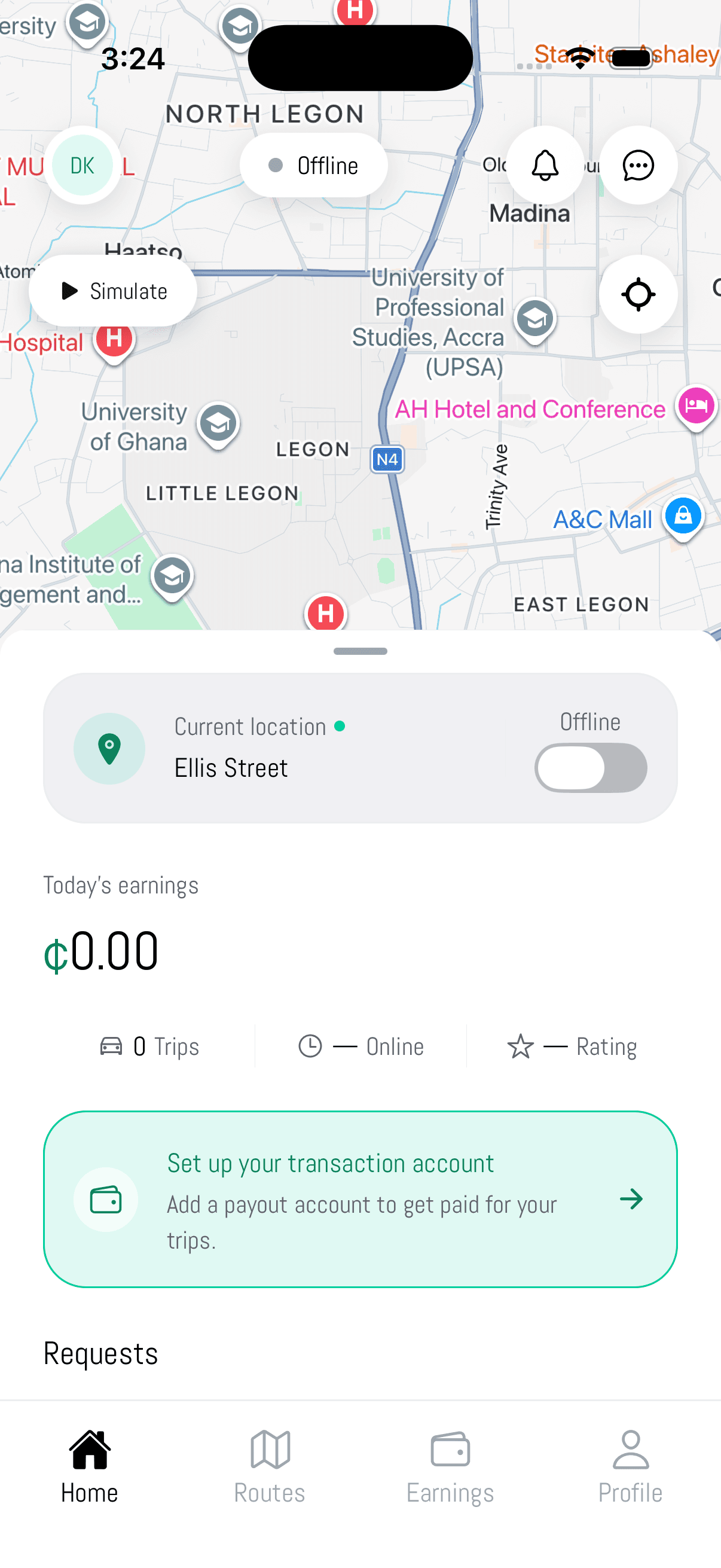 The UpRide Partner app home screen, showing a map of the Legon area of Accra, an offline toggle, today's earnings at zero cedis, a prompt to set up a payout account, and a Requests section.
