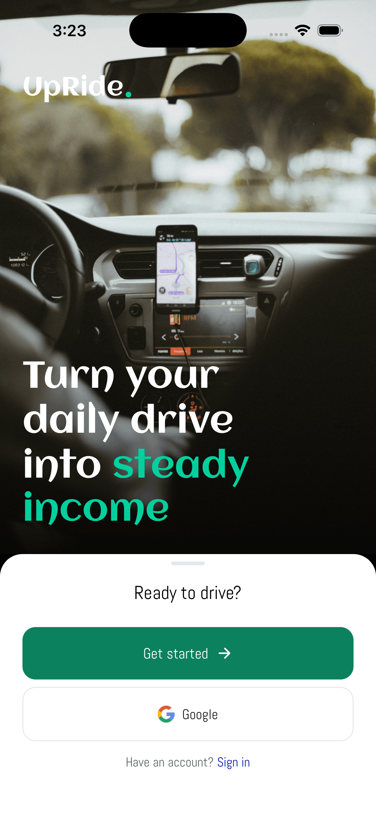 The opening screen of the UpRide Partner app, with the UpRide logo and a headline over a photo taken from the driver's seat, above Get started and Google sign-in buttons.